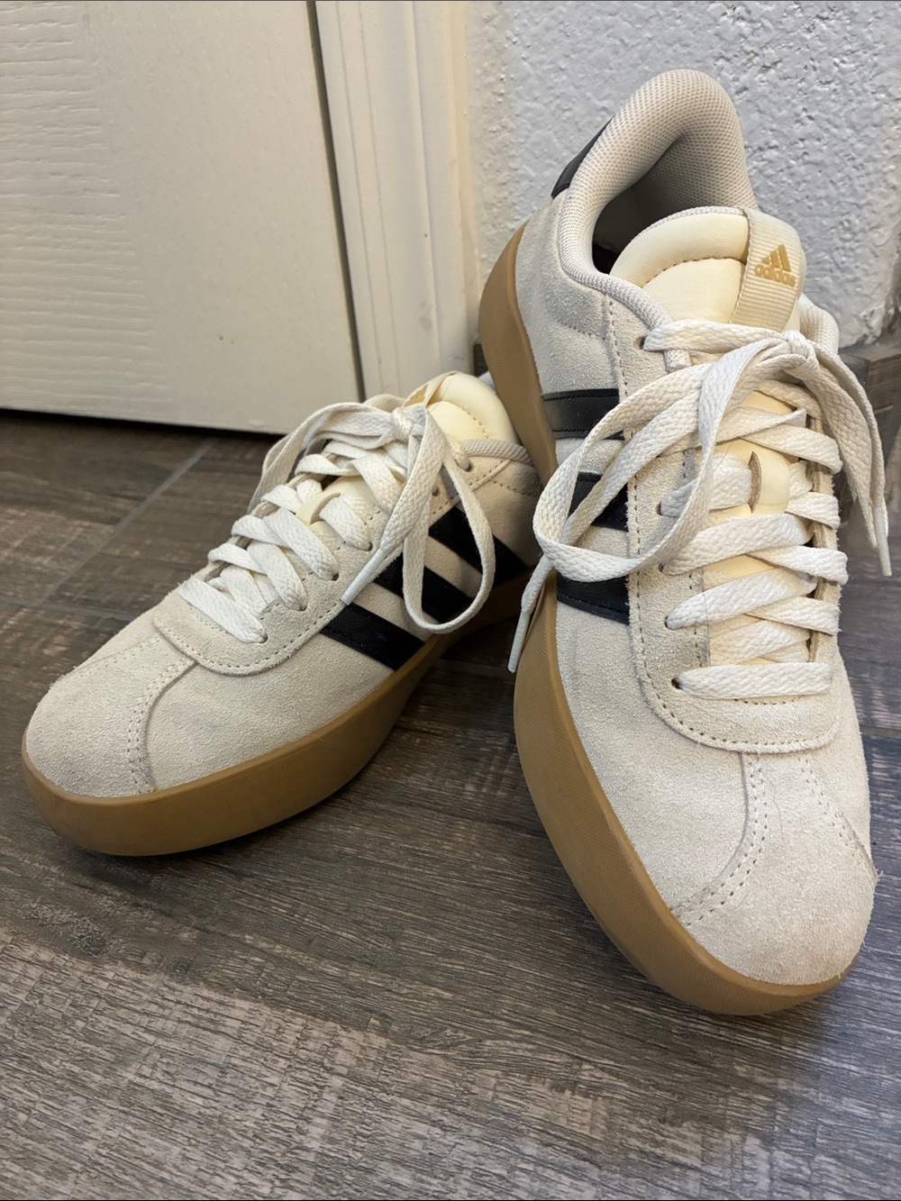 adidas Cream Suede Sneakers with Black Stripes and Gum Sole